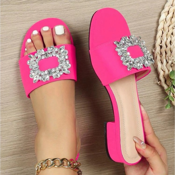 Women Rhinestone Decor Mule Sandals, Corduroy Chunky Heeled Glamorous Sandals - Picture 2 of 4